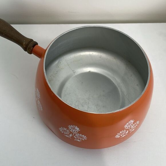 MCM Japanese Orange Floral Fondue Pot Wooden Handle VTG - Picture 2 of 8